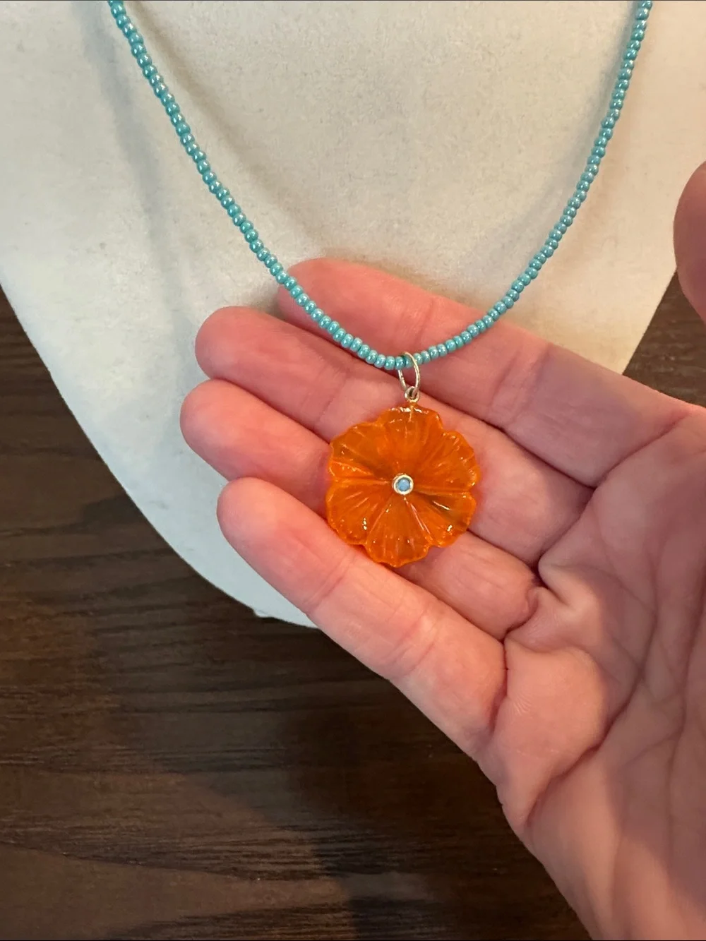 Turquoise Beaded Necklace with Orange Quartz Floral Pendant